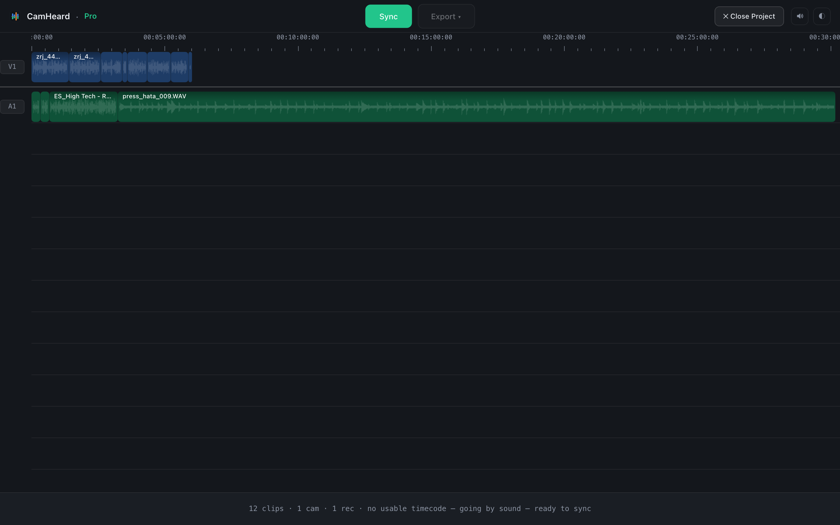 One camera and a recorder, a longer shoot: footage loaded, before the sync