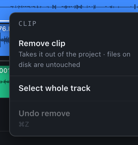 The clip context menu: Remove clip, Select whole track, Undo remove