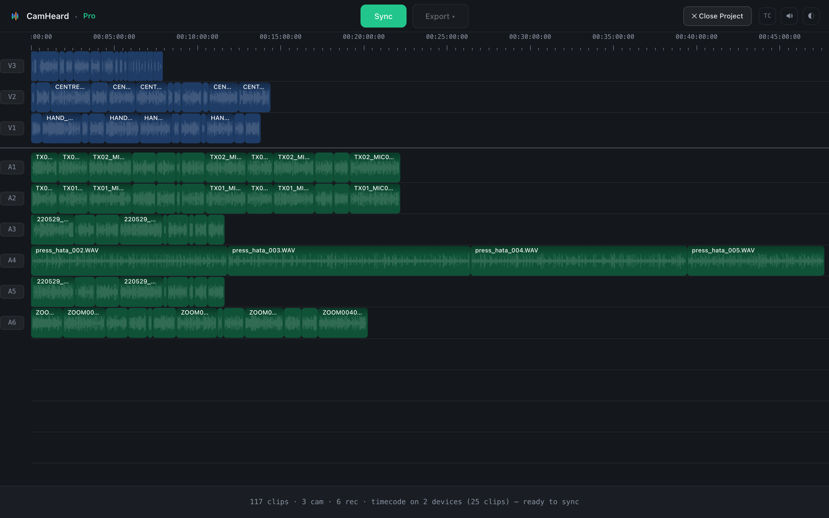 Three cameras and six recorders: footage loaded, before the sync