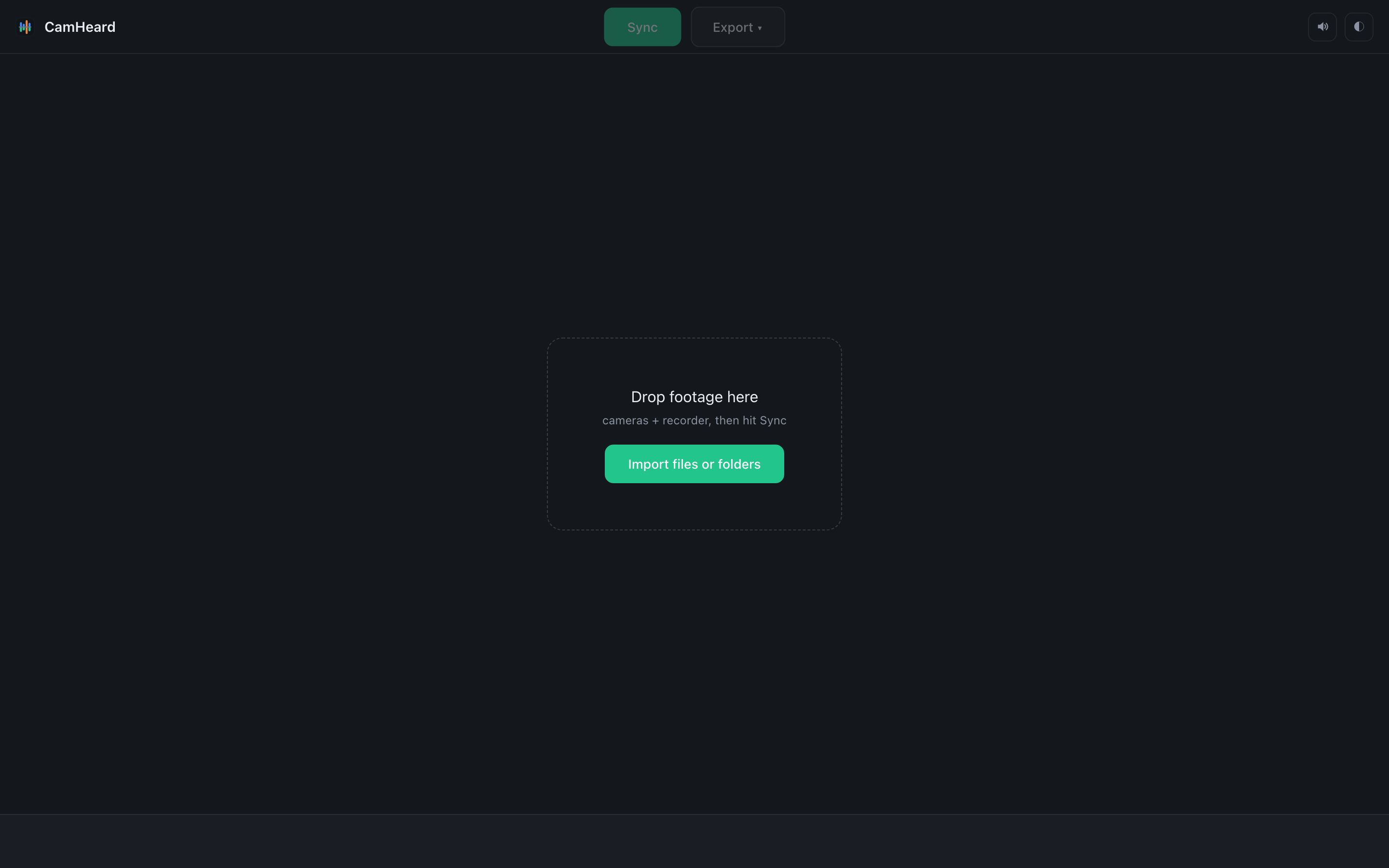 The empty window with the Drop footage here area and the Import files or folders button