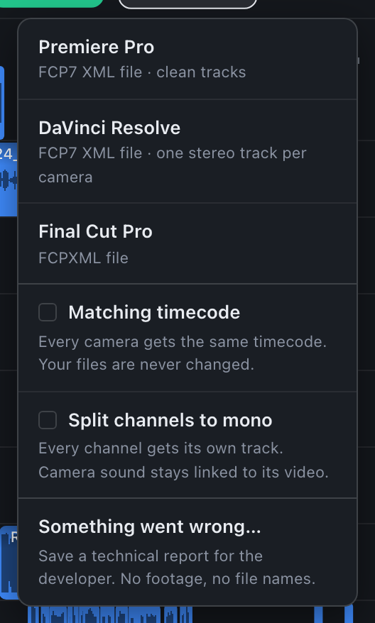 The Export menu: Premiere Pro, DaVinci Resolve, Final Cut Pro, Matching timecode, Split channels to mono, Something went wrong