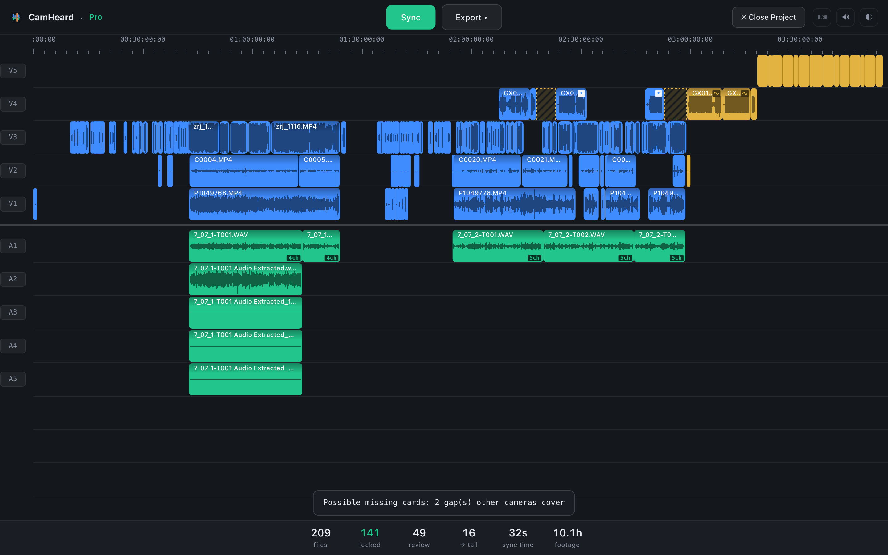 The main CamHeard window after a sync: five cameras and a recorder on the timeline
