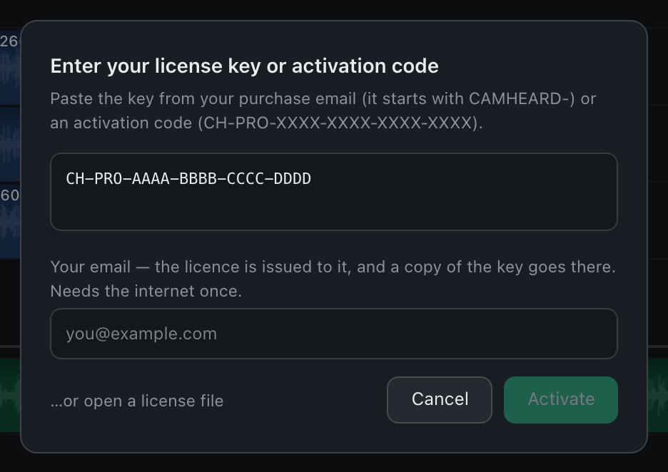 The licence key dialog with the CAMHEARD- field and the Activate button