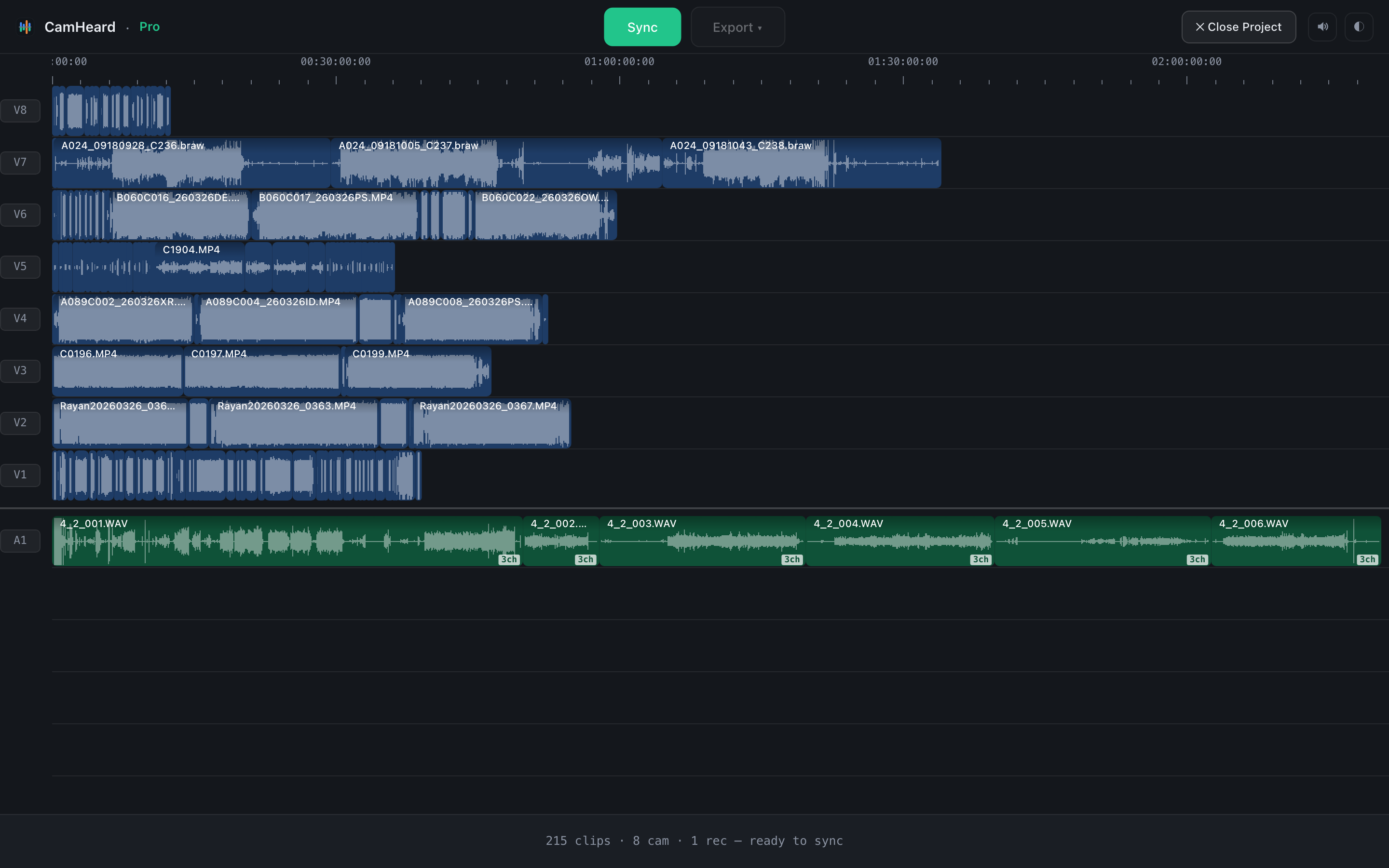 Footage loaded, the clips sit from the start of the timeline, the Sync button is active