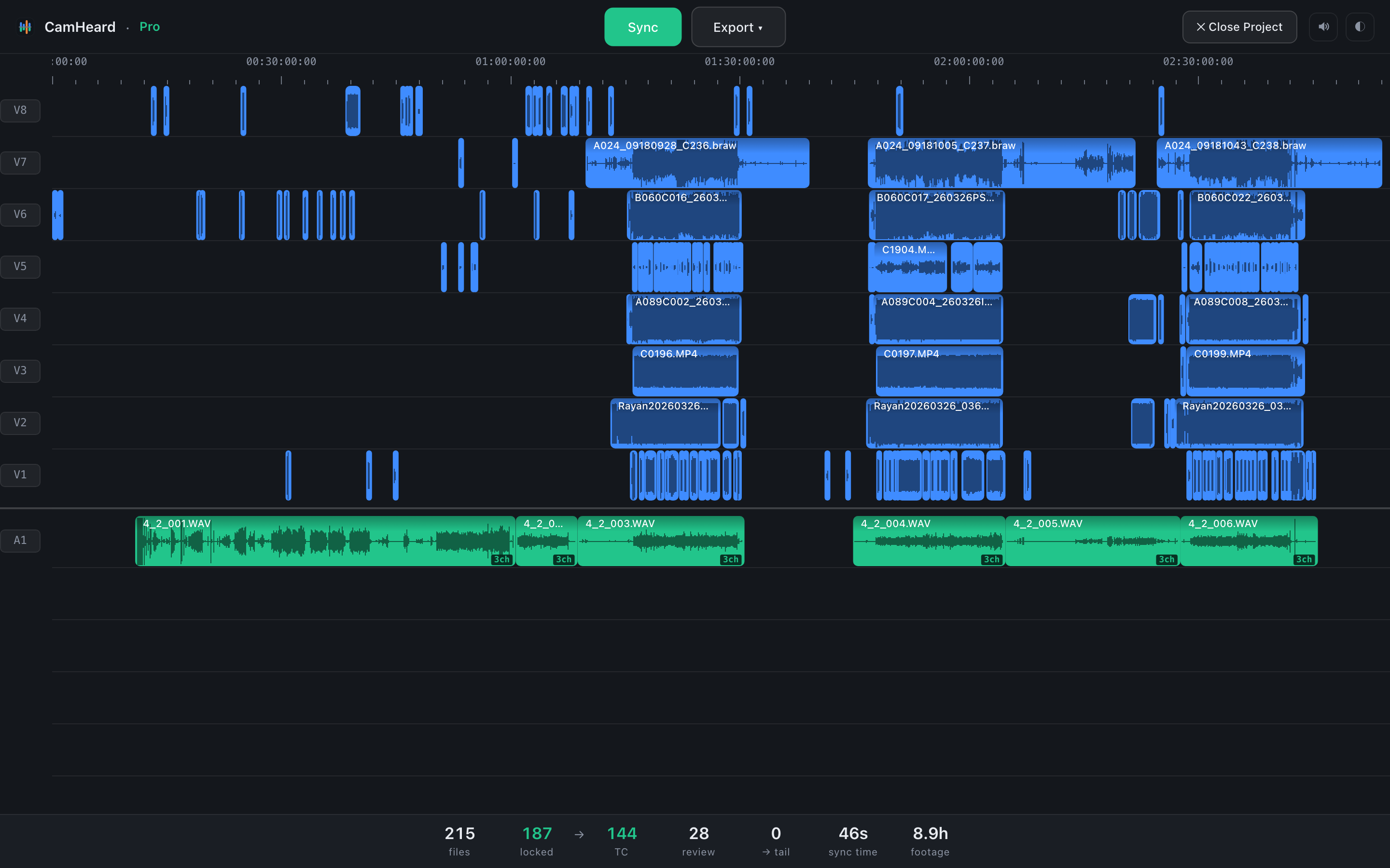 CamHeard timeline: 8 cameras + a recorder, 215 clips