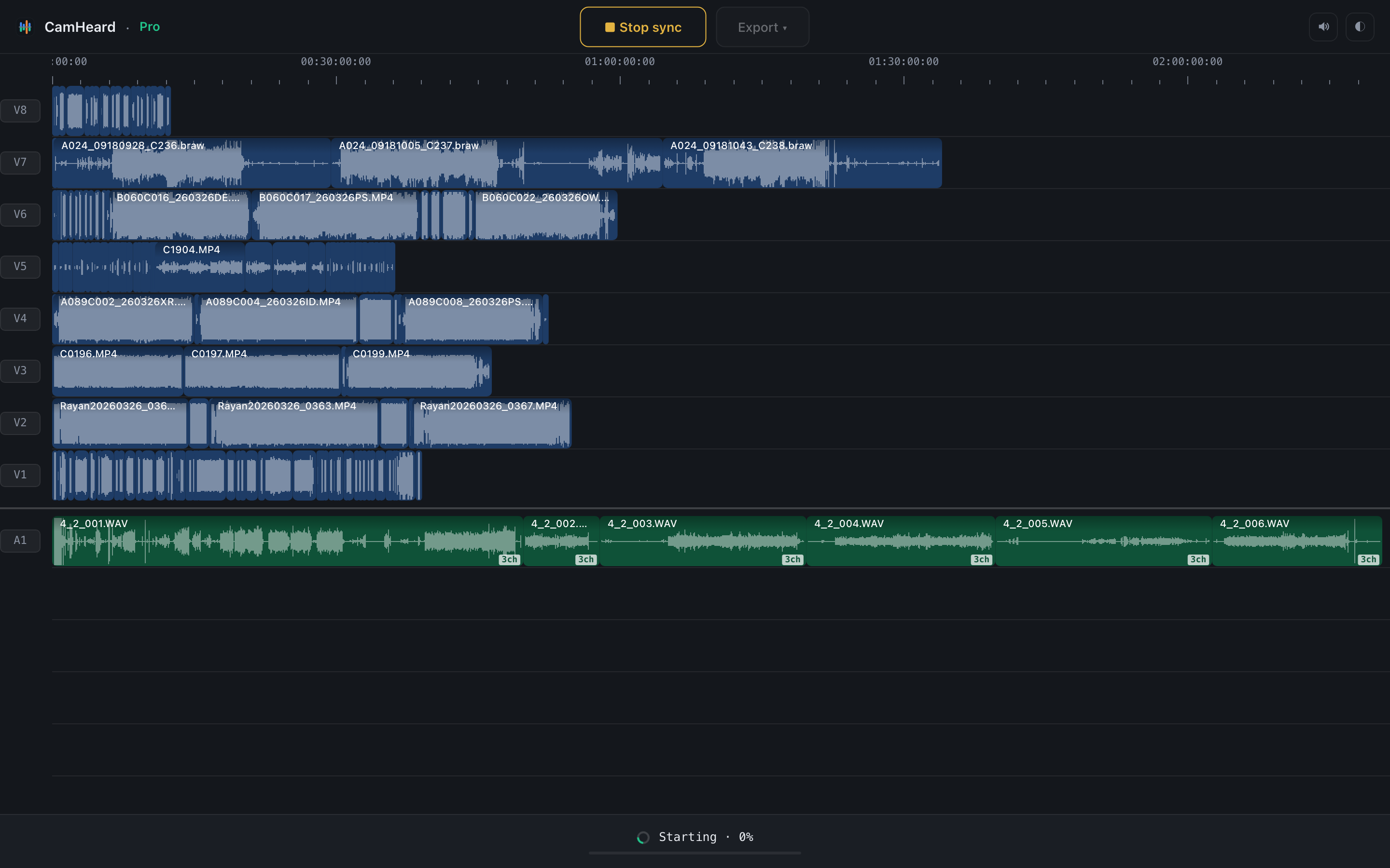The sync running: the line at the bottom shows the Decoding audio stage and a percentage