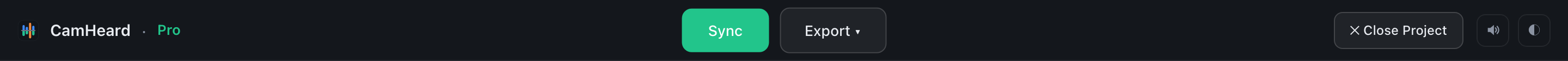 The top bar: Close Project, the licence badge, the Sync and Export buttons, sound and theme