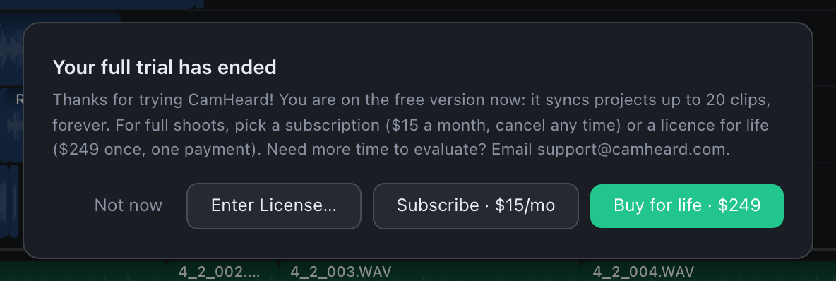 The panel after the trial ends, with Not now, Enter License and Buy CamHeard buttons