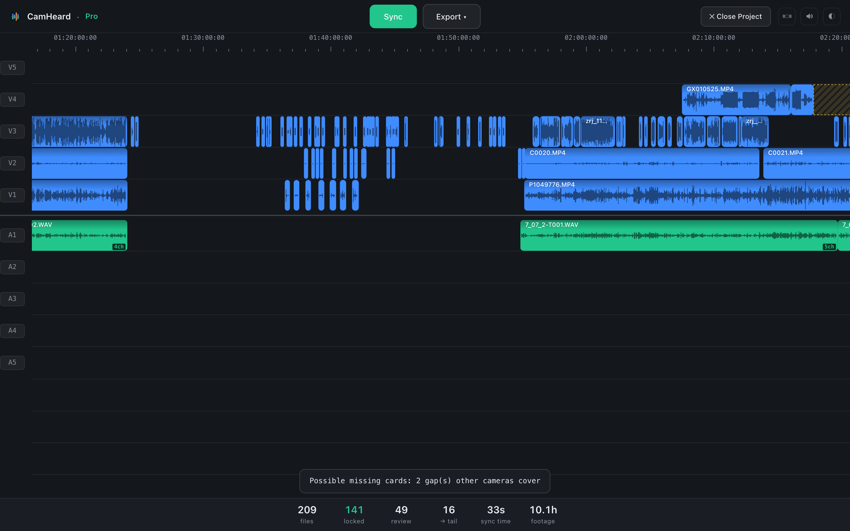 The zoomed timeline: a detailed waveform on the camera and recorder clips