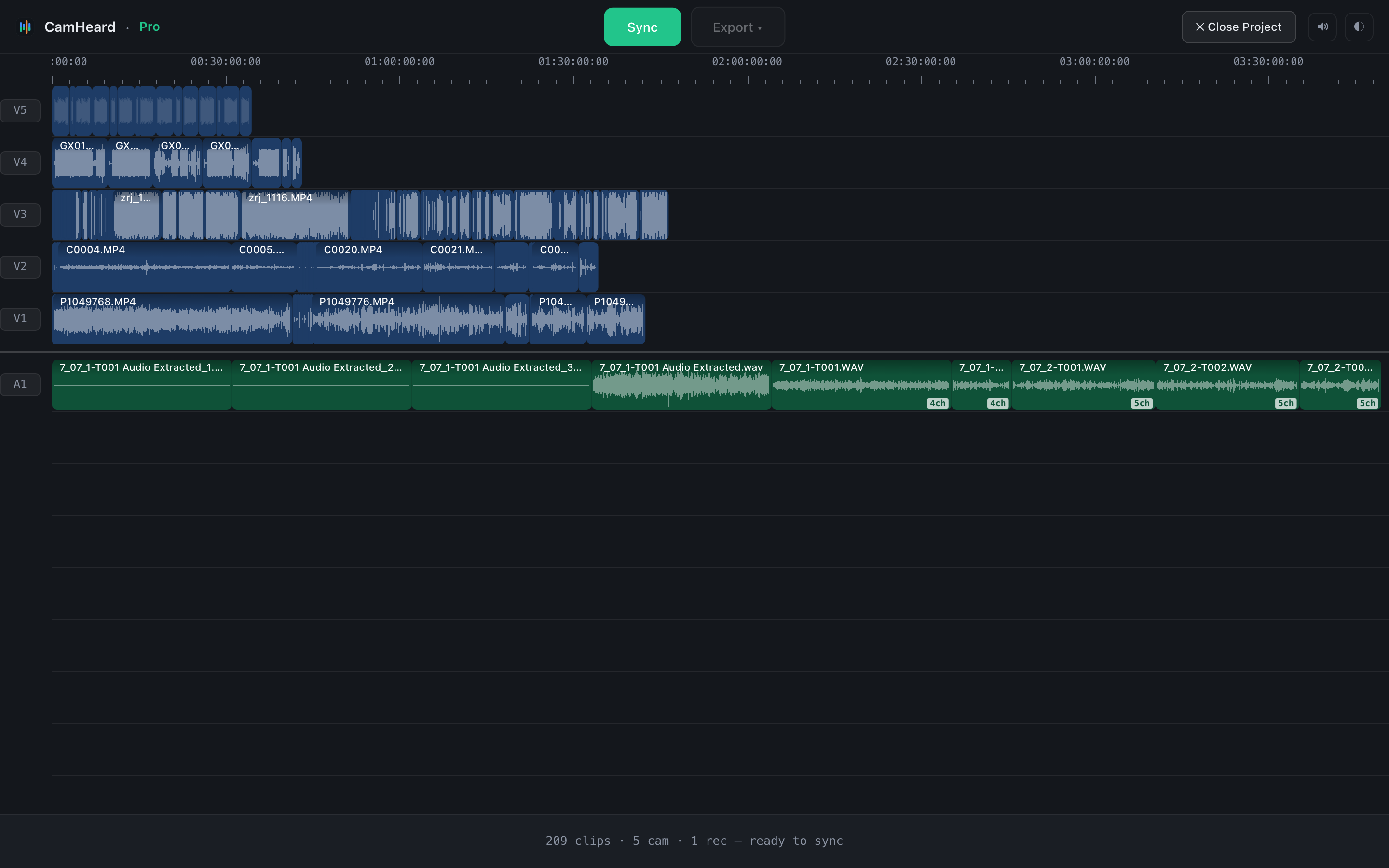 209 clips from five cameras and a recorder, loaded and ready to sync