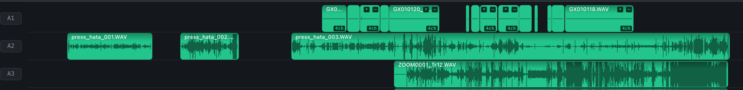 Recorder takes on separate tracks, tagged with their channel counts